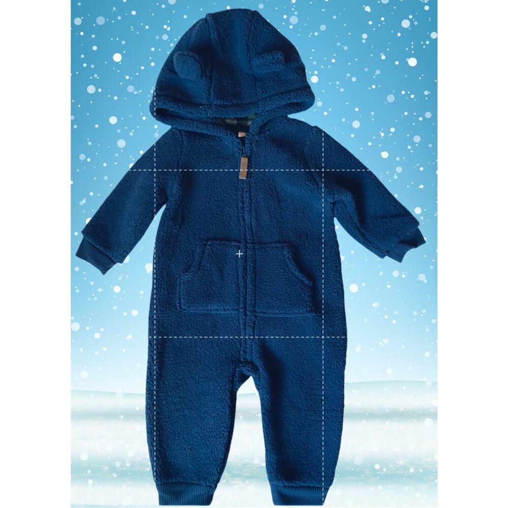 Cozy Carter’s Baby Boy Navy Fleece Bunting Suit w/ Bear Ears 6M – Plaid Lining